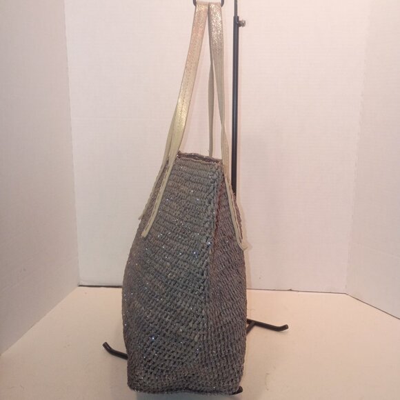 FLORA BELLA for ANTHROPOLOGIE Gray & Silver Woven Raffia Tote Bag - Picture 8 of 15